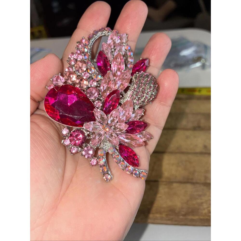 HUGE Brooch AB Pink Glass Rhinestone Silver Tone Floral Vintage Look Inspired